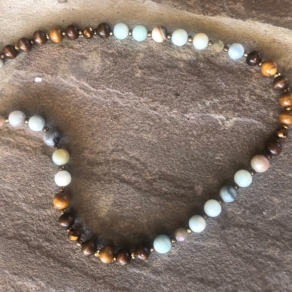 Amazonite and sandalwood beaded long 40” boho statement necklace hand crafted - Picture 2 of 3